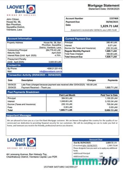 Laos Bank Lao-Viet wyciąg z kredytu hipotecznego szablon Word i PDF